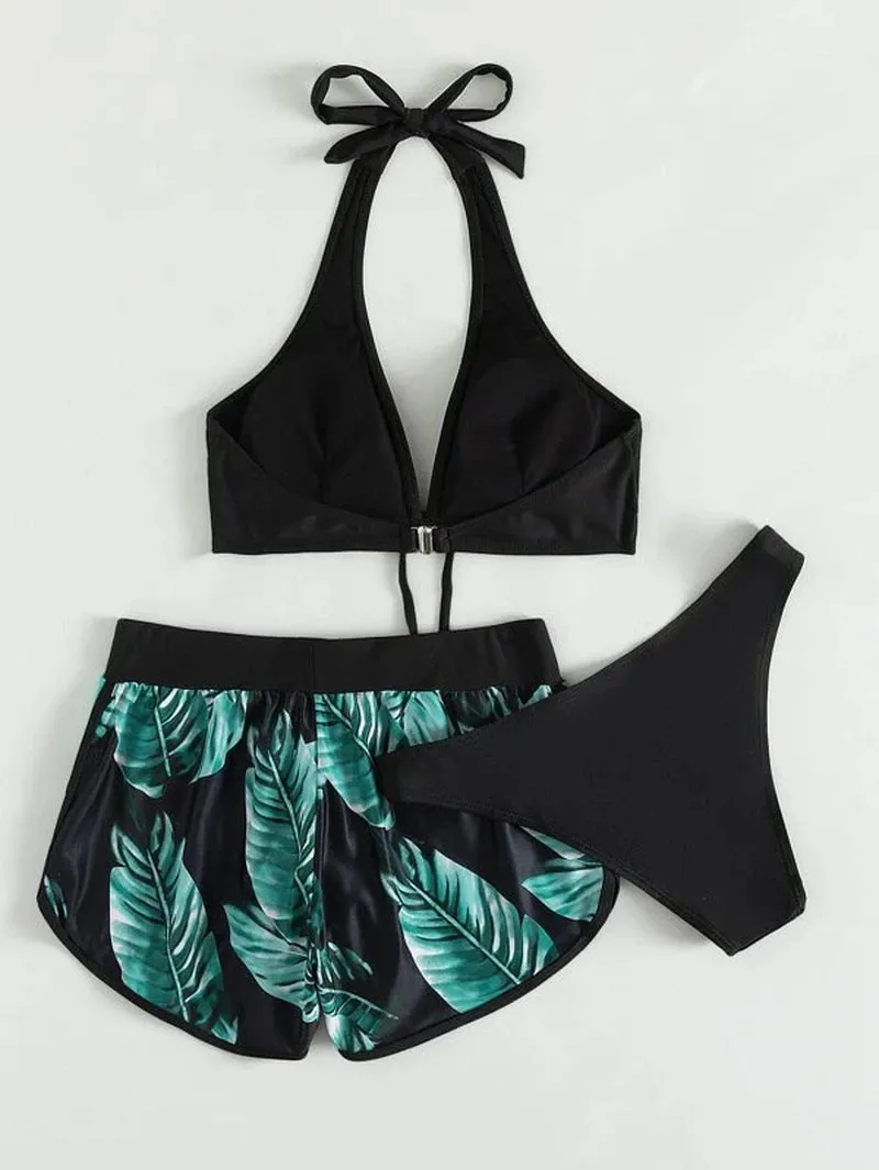 3Pcs Leaf Print Bikini with Shorts Fashion Summer Beach Swimsuit Womens Clothing