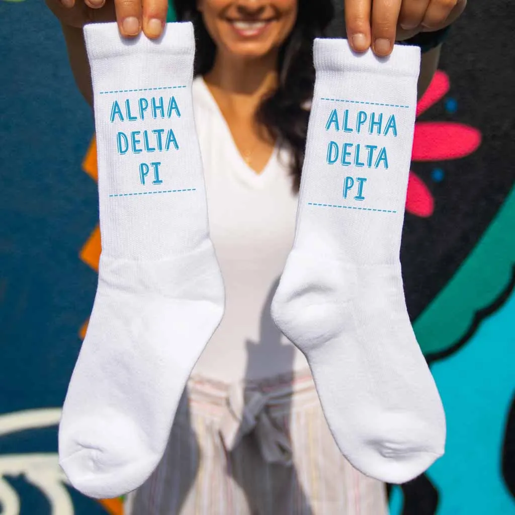 Alpha Delta Pi Crew Socks with Name in Sorority Colors