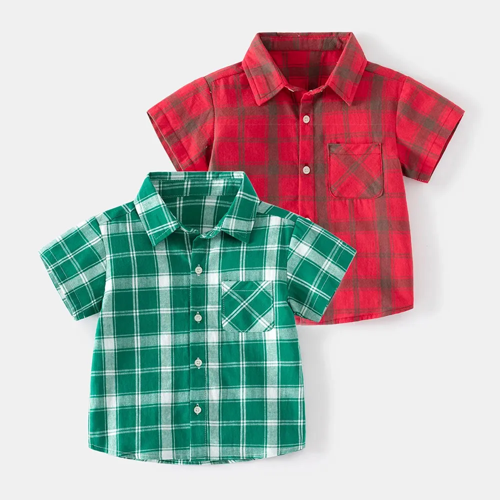 Baby Boy Green Plaid Short Sleeve Lapel Shirts