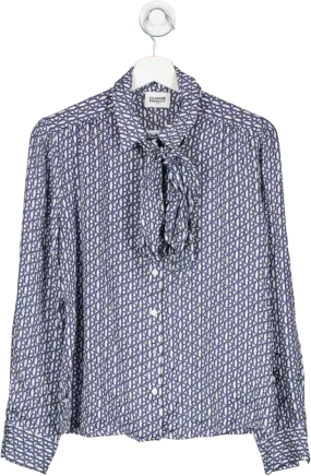 Claudie Pierlot Navy Blue / White Bow Collar Monogram Print Blouse Bnwt UK 8