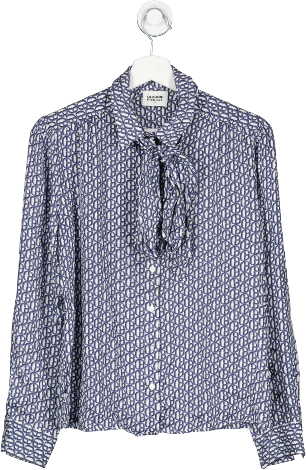 Claudie Pierlot Navy Blue / White Bow Collar Monogram Print Blouse Bnwt UK 8