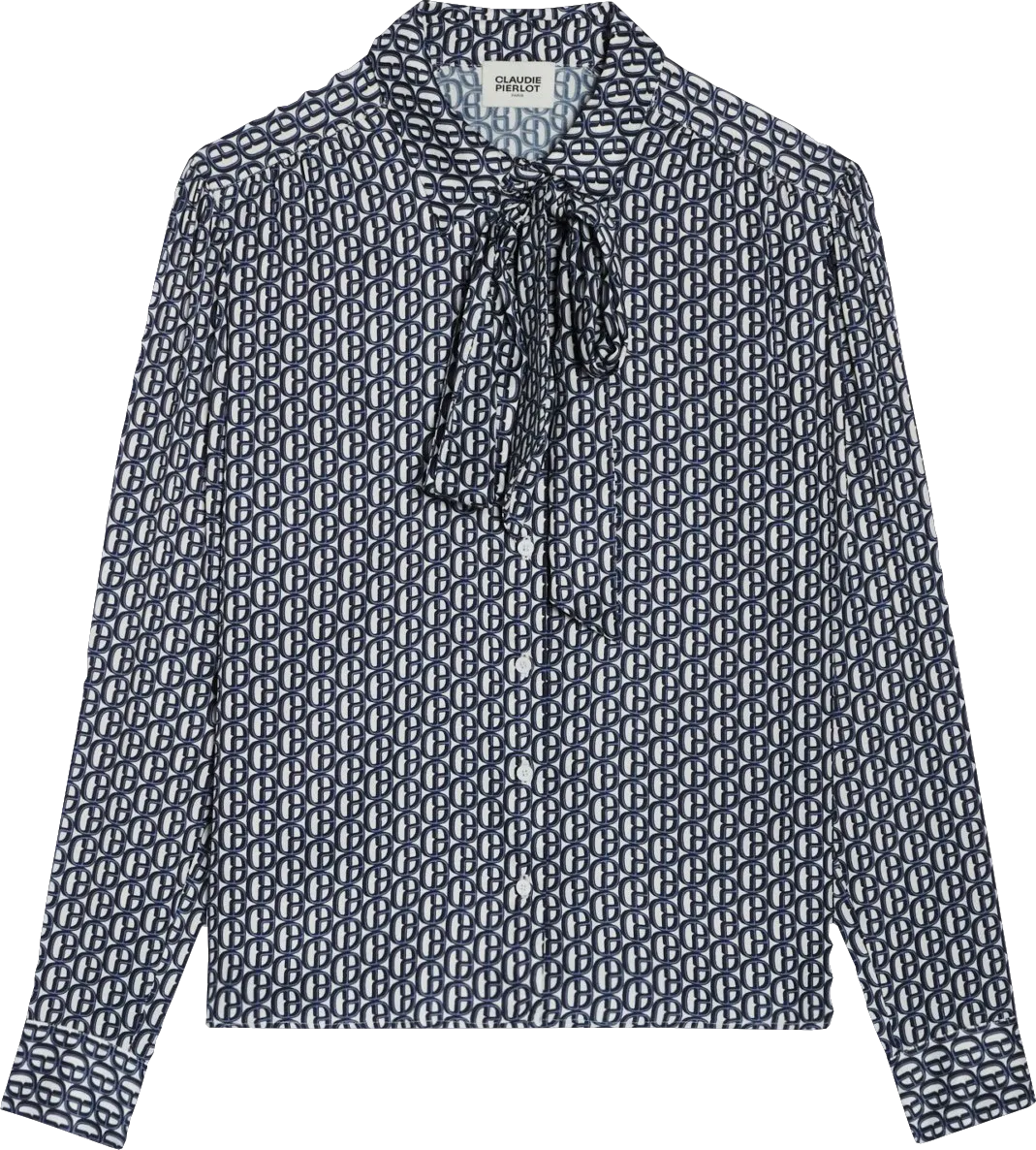 Claudie Pierlot Navy Blue / White Bow Collar Monogram Print Blouse Bnwt UK 8