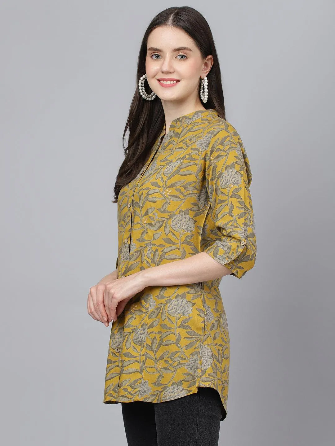 Divena Mustard Floral printed Rayon A-line Shirts Style Top