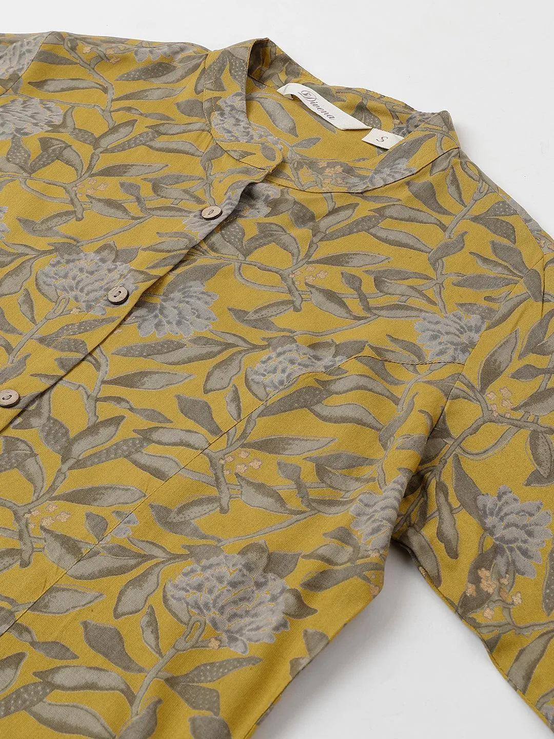 Divena Mustard Floral printed Rayon A-line Shirts Style Top