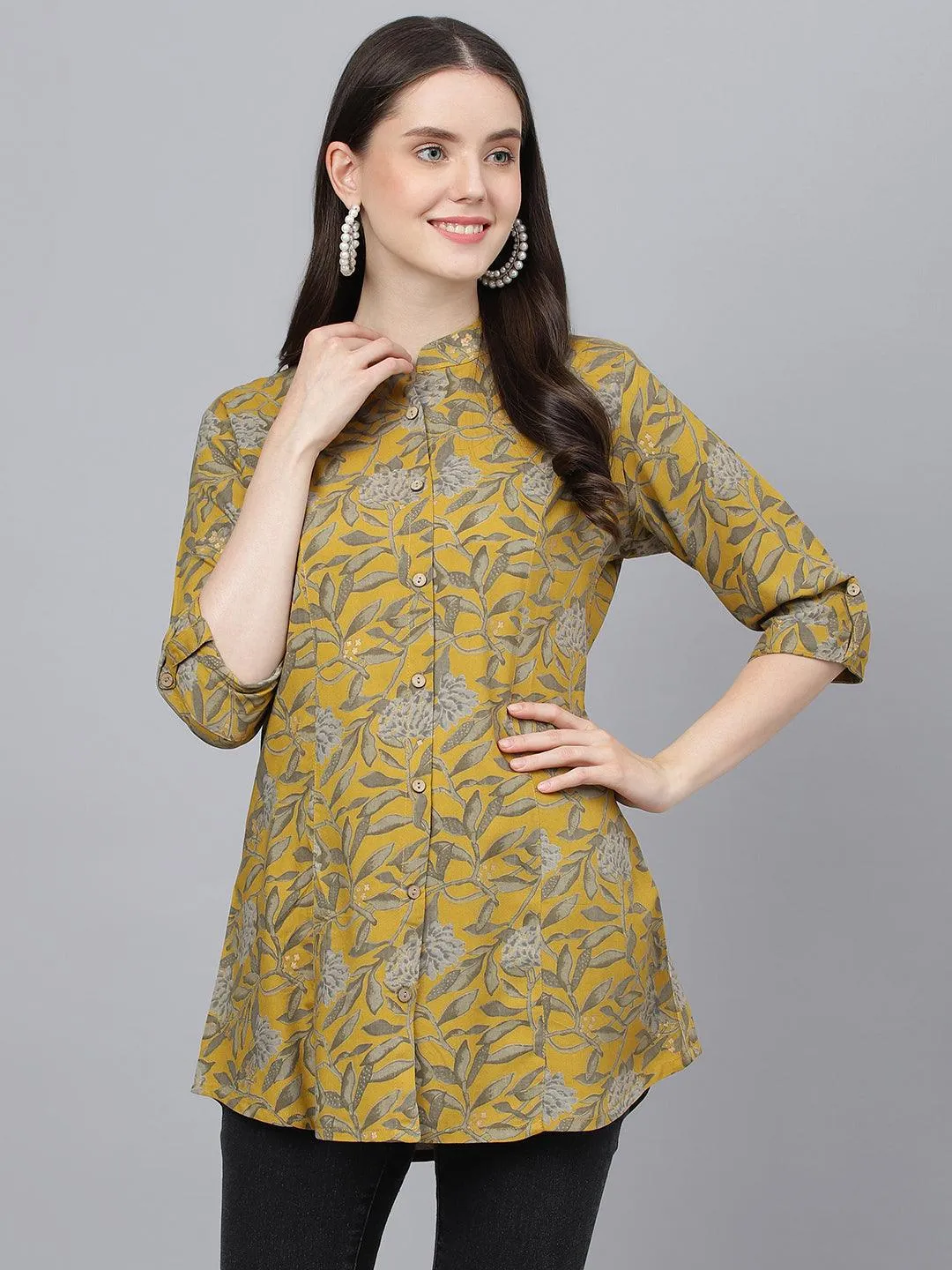 Divena Mustard Floral printed Rayon A-line Shirts Style Top