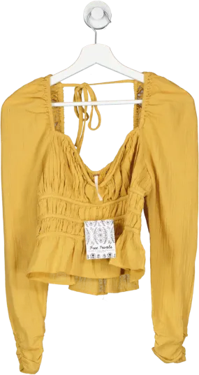 Free People Yellow Pink Ruched Blouse With Structured Sweetheart Neckline UK XS