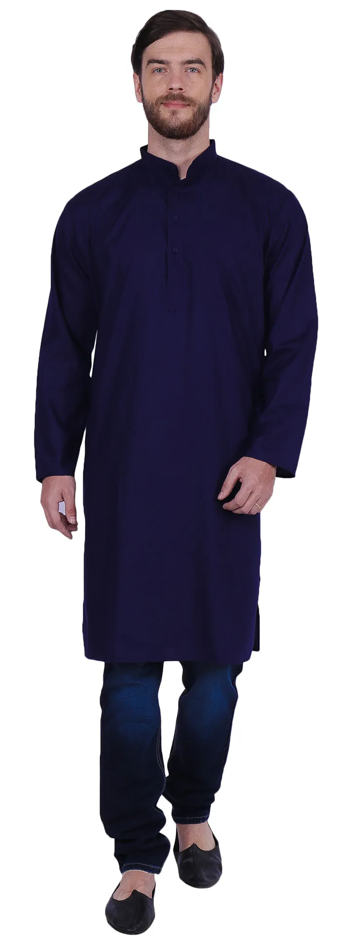 India Cotton Men's Long Kurta Indian Clothing Solid Color (Blue)