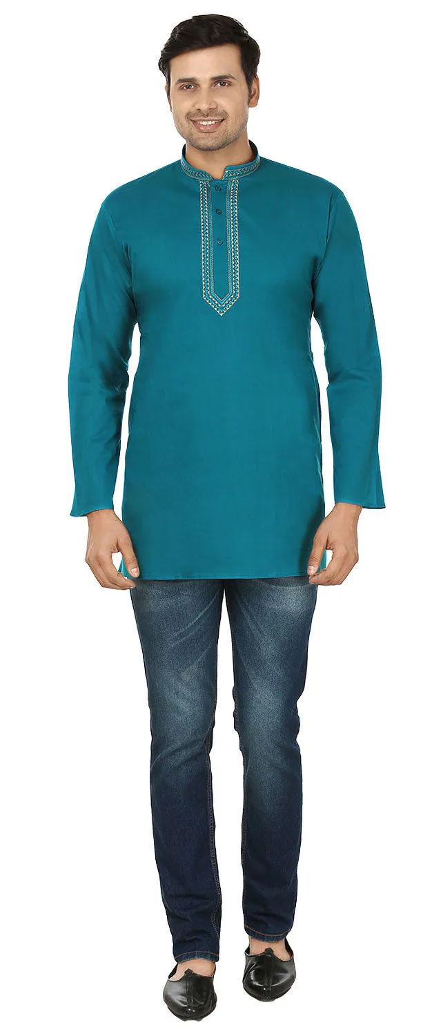 Indian Clothing Embroidered Cotton Short Kurta for Men (Blue)