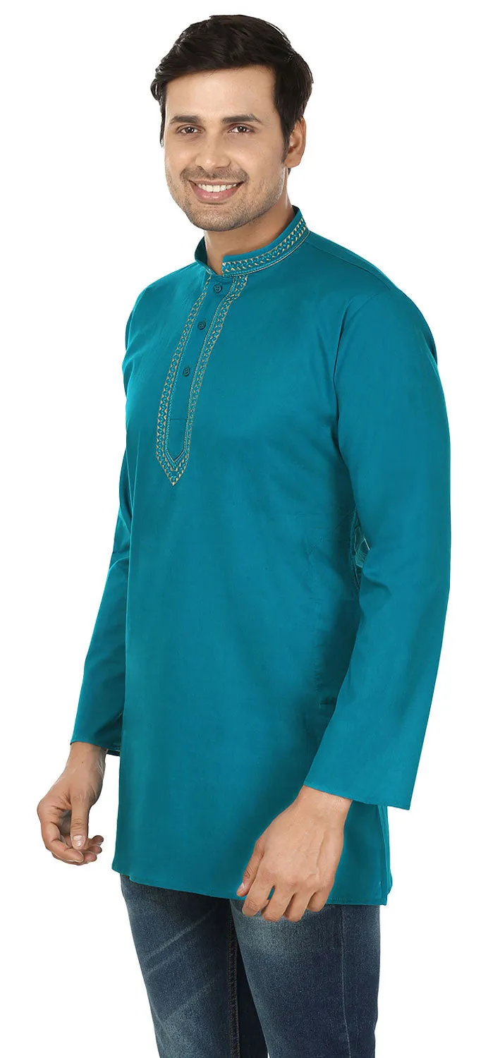 Indian Clothing Embroidered Cotton Short Kurta for Men (Blue)