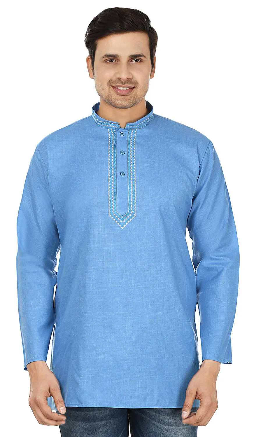 Indian Clothing Embroidered Cotton Short Kurta for Men (Blue)