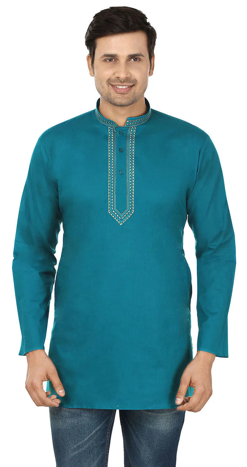 Indian Clothing Embroidered Cotton Short Kurta for Men (Blue)