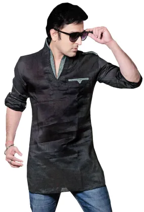 Indian Clothing Fashion Men's Short Kurta Linen Cotton (Black)