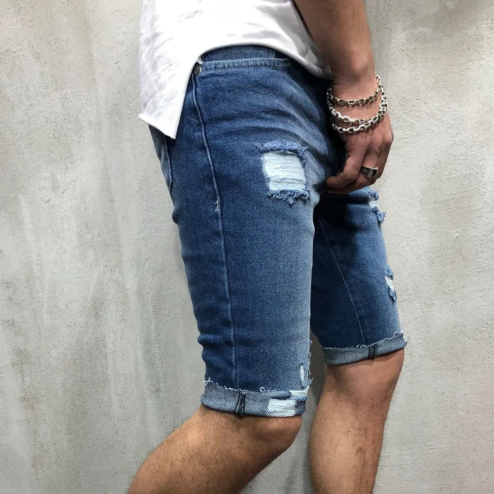 Men's Straight Denim Shorts Slim Comfortable Soft Casual Jeans with Hole Outdoor Camping Hiking